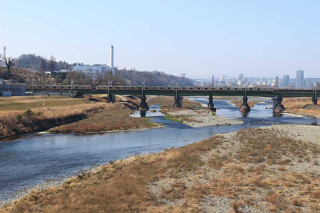 橋上を行き交う南武線の写真素材