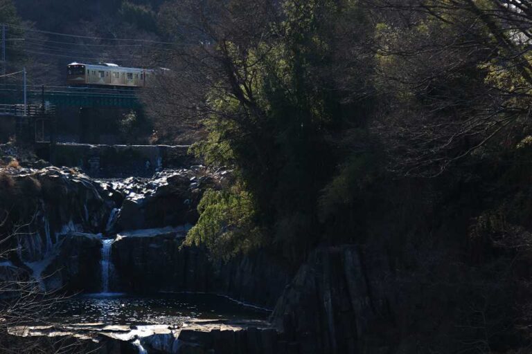 桂川渓流と富士急行線の写真素材